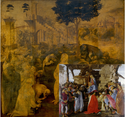 The left image compares Leonardo's Adoration of the Magi with Botticelli's Adoration of the Magi.